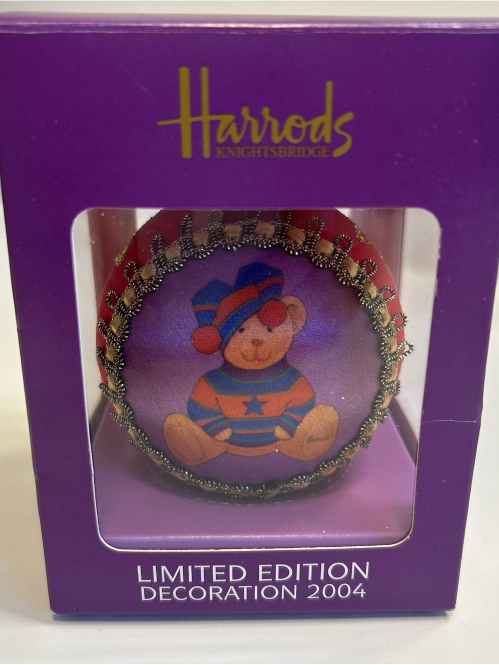 Harrods Knightsbridge Christmas Bear Glass Ornament with Silk Panel 2004 Boxed
